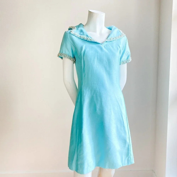 Vintage Light Blue 50s 60s Beaded Detail Short Sleeve Mini Dress S - Picture 2 of 11